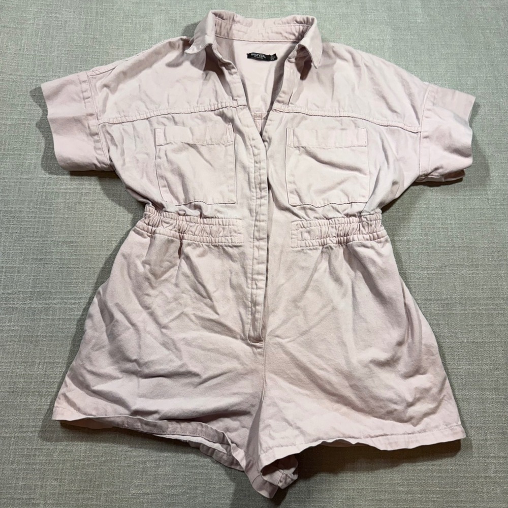 Nasty Gal Pink Denim Romper Utility Boiler Suit Shorts US 12 Large Short Sleeve - Picture 1 of 6